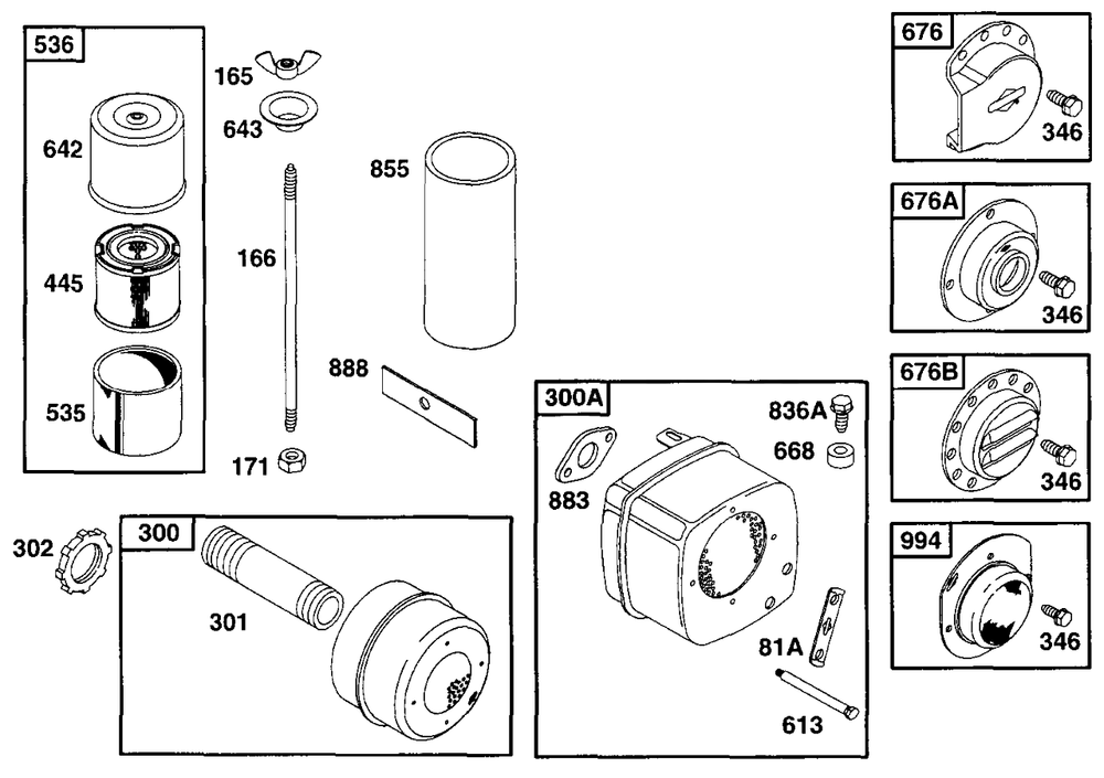 Air Cleaner Grp, Muffler Grp Diagram and Parts List for 222417-0151-XX  Briggs and Stratton Engine